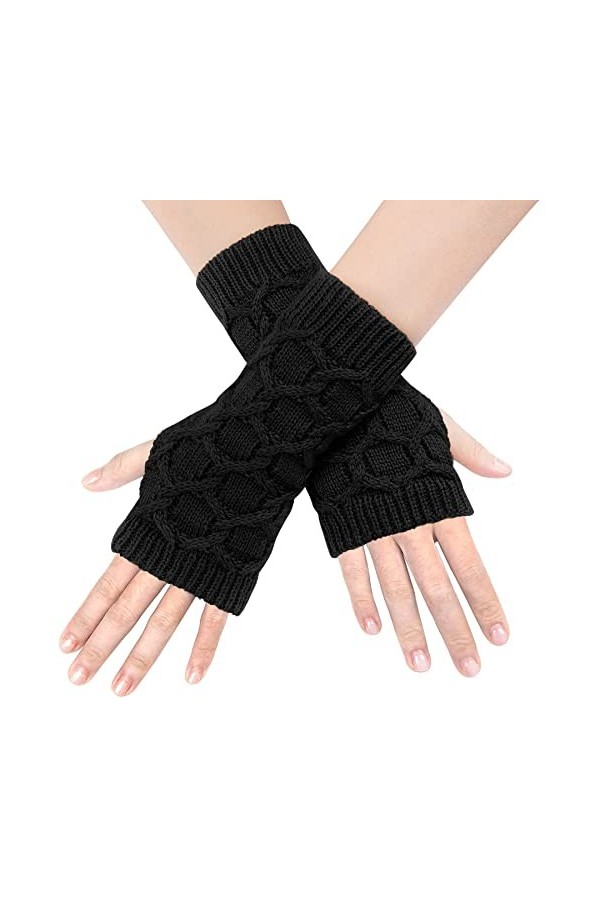 BLURBE Gants Sans Doigts Femme - Mitaine Femmes Chaudes Gants dHiver Demi Gants Sans Doigts Tricot avec Trou de Pouce Classi