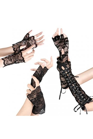 Comius Sharp Lot de 3 Paires de Gants Sans Doigts pour Femme En Dentelle Noire Sans Doigts Accessoire de Fête des Années 80 G