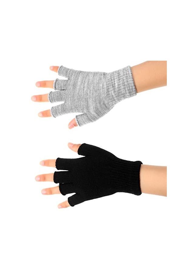2 Paires Gants Demi-Doigts Gants sans Doigts Chauds Unisexes dHiver pour Hommes Femmes Noir, Gris 
