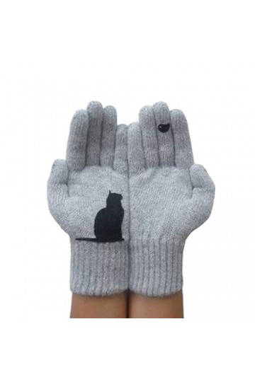 GUMEI Femmes Hiver Fausse Laine épais Chaud Tricot Gants Dessin animé Chat Oiseau Patchwork Mitaines
