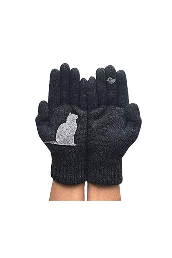 GUMEI Femmes Hiver Fausse Laine épais Chaud Tricot Gants Dessin animé Chat Oiseau Patchwork Mitaines