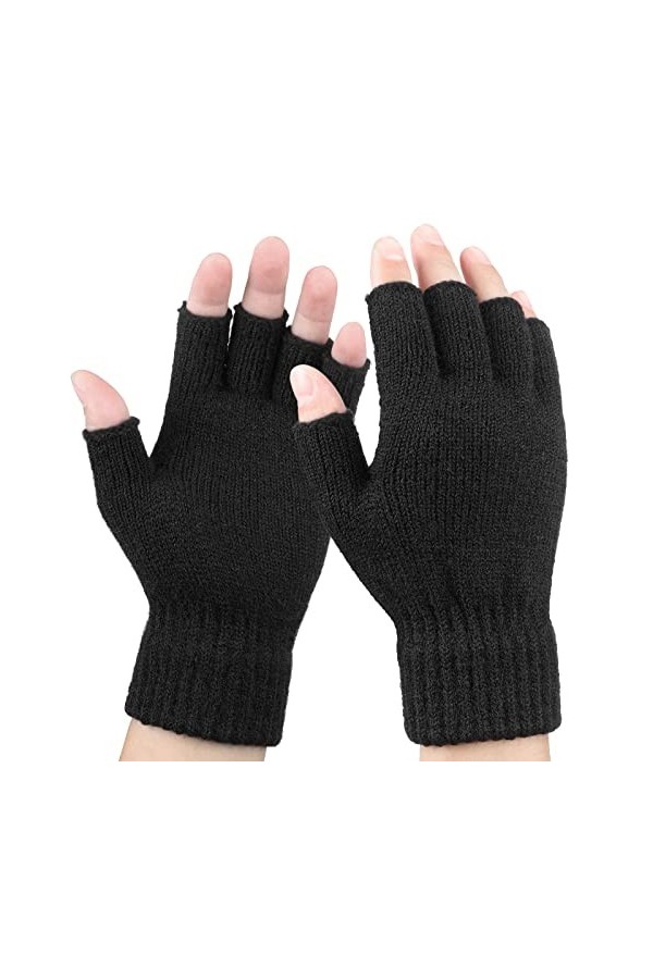 Gants Demi-Doigts dHiver Mitaines Tricotées sans Doigts Gants Thermiques en Noir Mitaines en Tricot Chaudes, Taille Unique