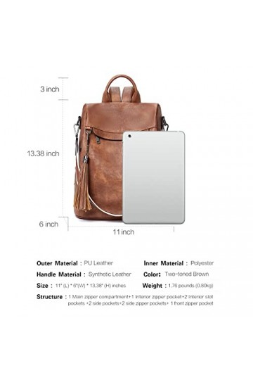 Bostanten Femme Sac à Dos en Cuir Antivol 2 en 1 Sac à Main Portés Dos Mode Daypacks Marron rétro