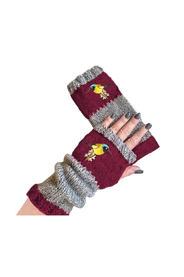 Mitaines dhiver tricotées chaudes en laine avec poche, bordeaux, taille unique