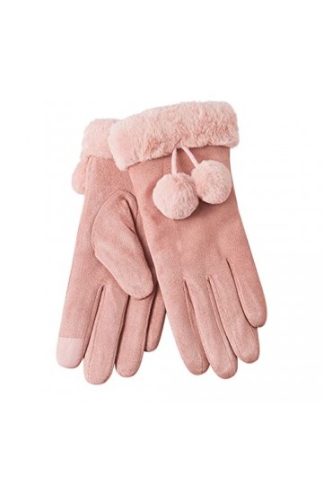 Gants Hiver Femme Chaud Elegant avec Pompon, Gants Faux Suede, Mitaines Hiver Chaude et Epaisse avec Doublure Polaire Epaisse