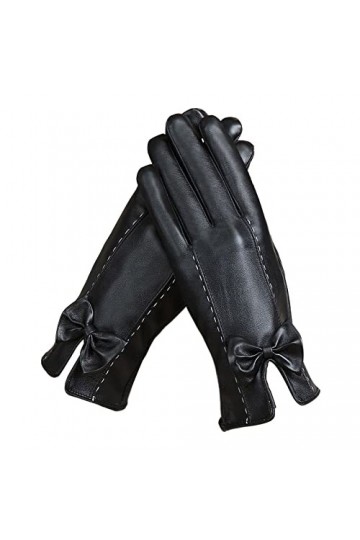 QWUVEDS Gants dhiver en cuir synthétique pour femme - Avec nœud papillon - Gants chauds en polyuréthane - Taille unique