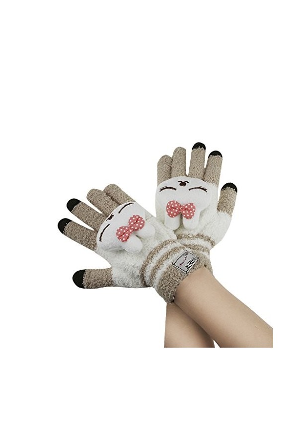 Femme Fille Gants Hiver Moufles en Plein Air Gants Tricotés à Laine Chauds Thermique Doigts Complets avec Cartoon Lapin Gants