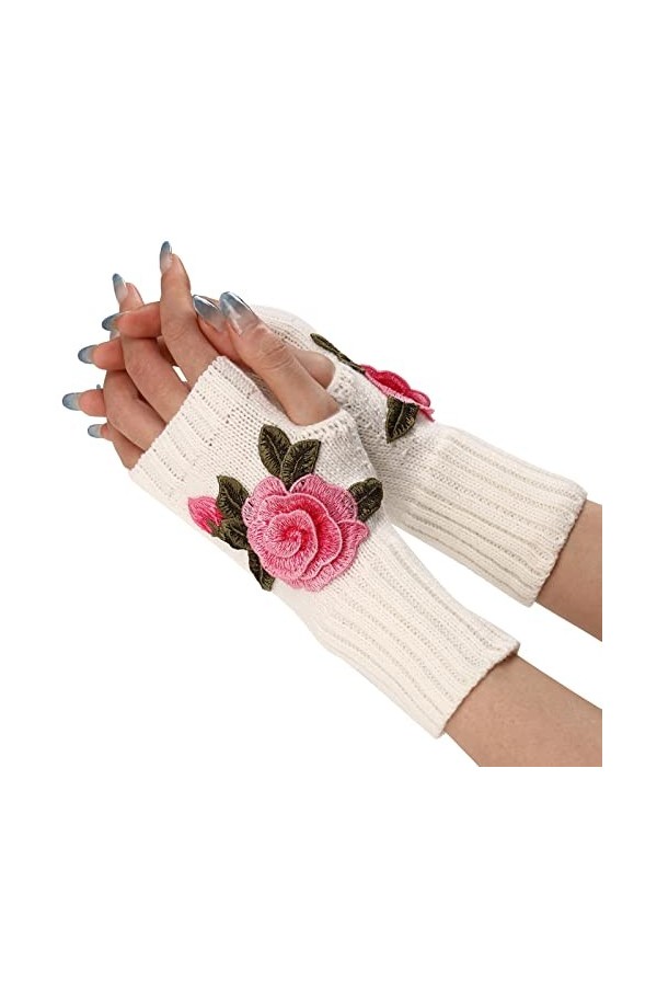 DUHGBNE Gants chauds en tricot pour femme, moufles convertibles, gants en maille à fleurs à la mode sans doigts, bleu, taille