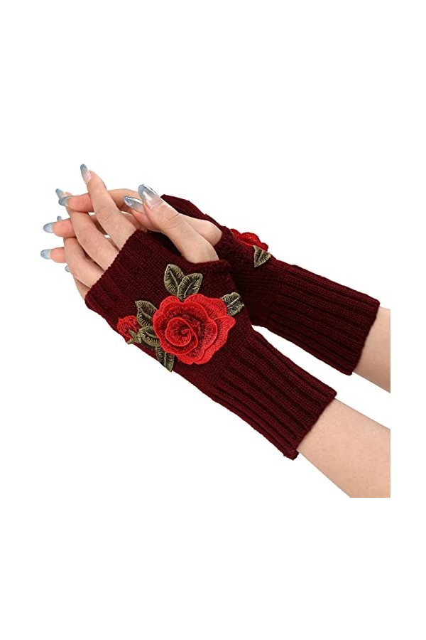 DUHGBNE Gants chauds en tricot pour femme, moufles convertibles, gants en maille à fleurs à la mode sans doigts, bleu ciel, t