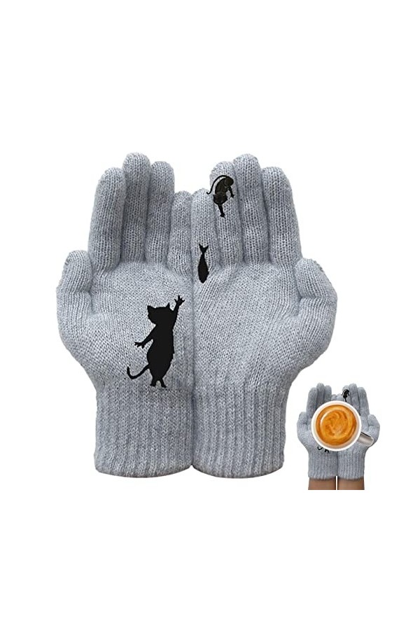 FASSME Gants tricotés pour femmes, gants tricotés chauds pour femmes – Moufles élastiques douces et tendance à imprimé chat g