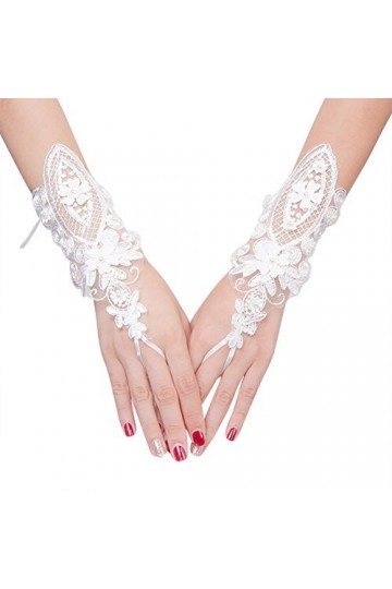 IBLUELOVER Gants Mariage Blanc Gant Déguisement Femme Mitaines Court Exquis Gants en Dentelle avec Lacet Accessoires Robe Man