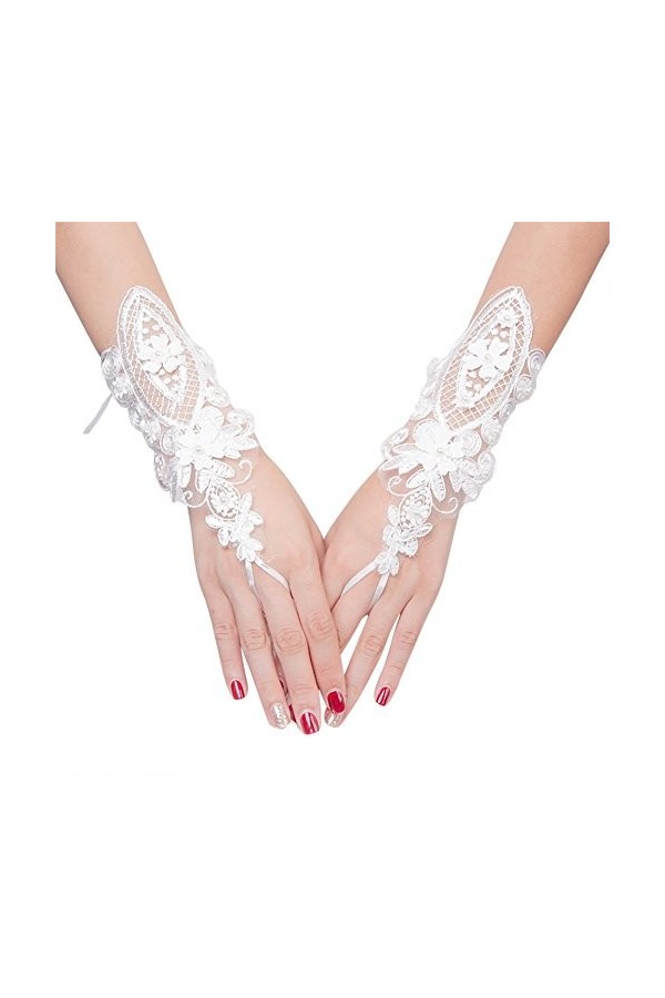 IBLUELOVER Gants Mariage Blanc Gant Déguisement Femme Mitaines Court Exquis Gants en Dentelle avec Lacet Accessoires Robe Man