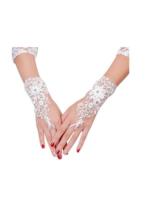 IBLUELOVER Gants Mariage Blanc Gant Déguisement Femme Mitaines Court Exquis Gants en Dentelle avec Lacet Accessoires Robe Man