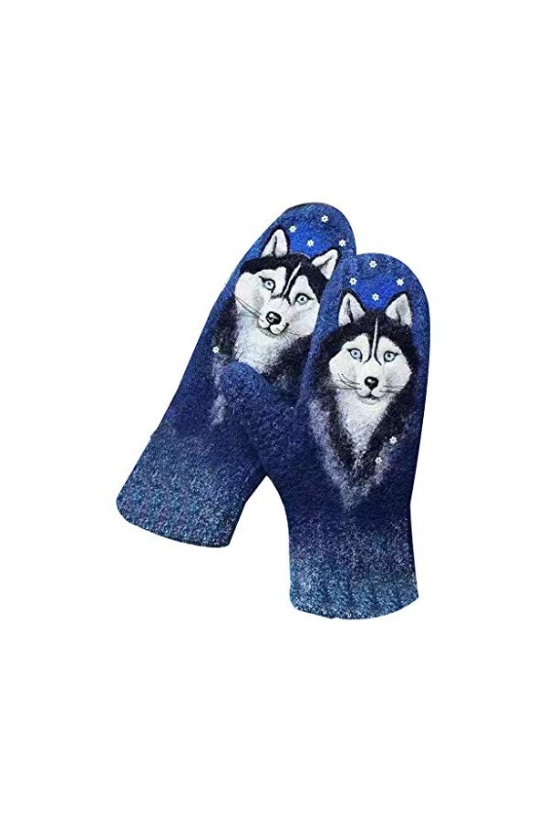 XuHang - Gants en faux cachemire pour femme - Motif floral - Motif loup et chat - Imprimé 3D - Chauds - Moufles pour la march
