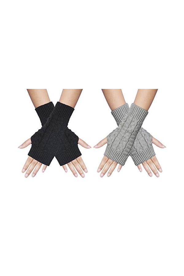 Chalier Fashion 2 paires demi doigts Gants Mitaines Gants Femme Hiver Tricotés Chaud Simples Elegants