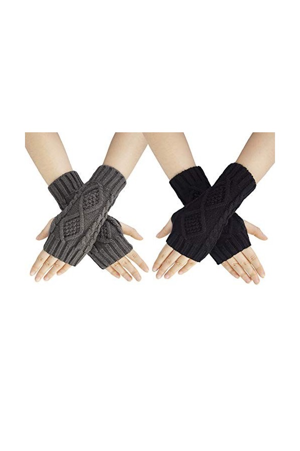 Chalier Fashion 2 paires demi doigts Gants Mitaines Gants Femme Hiver Tricotés Chaud Simples Elegants