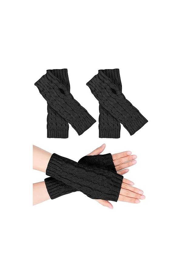 MELLIEX 2 Paires de Gants Sans Doigts Tricoté Chauffe-poignets en Cachemire Gants Noirs et Gris Thermiques pour Homme et Femm