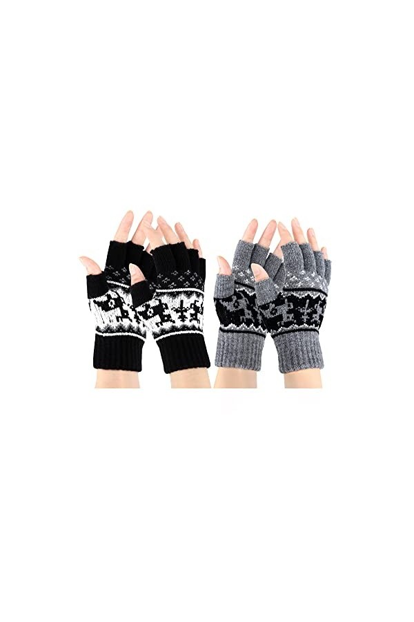 SATINIOR 2 Paires Mitaines sans Doigts Demi-Doigt Gants Tricotés Chauds Noir et Gris 