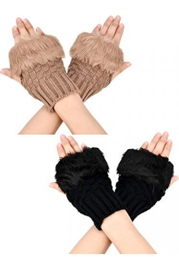 Boao 2 Paires Gants dHiver sans Doigts Gants dÉcran Tactile Courts Mitaines avec Trou de Pouce Gants Chauds Tricotés avec F
