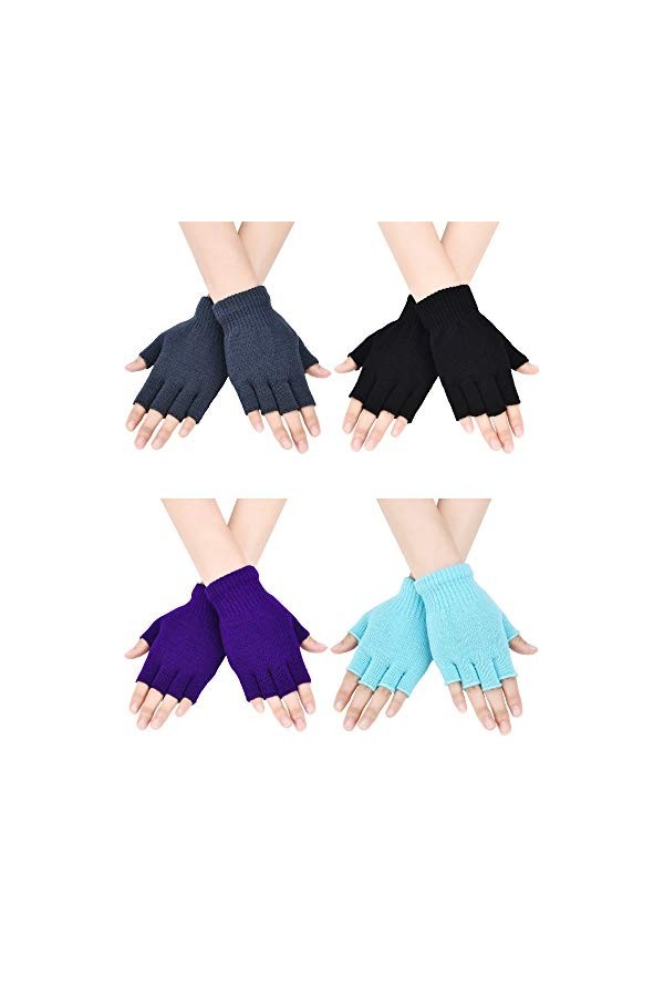 4 Paires Gants sans Doigts Mitaines Demi-Doigt Gants de Dactylographie Tricotés de Couleur Unie dHiver pour Présent de Noël 