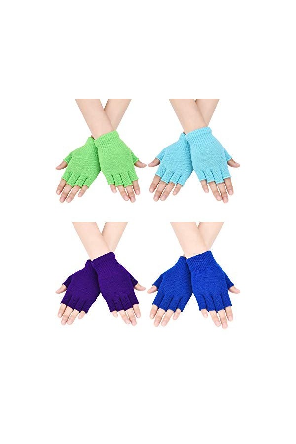4 Paires Gants sans Doigts Mitaines Demi-Doigt Gants de Dactylographie Tricotés de Couleur Unie dHiver pour Présent de Noël 