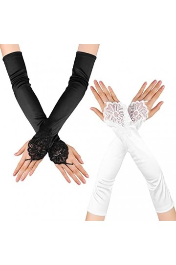 2 Paires Longs Gants Soirée en Satin Dentelle Noirs Blancs Années 1920 Mariage