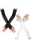 2 Paires Longs Gants Soirée en Satin Dentelle Noirs Blancs Années 1920 Mariage