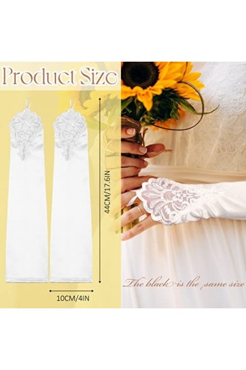 2 Paires Longs Gants Soirée en Satin Dentelle Noirs Blancs Années 1920 Mariage