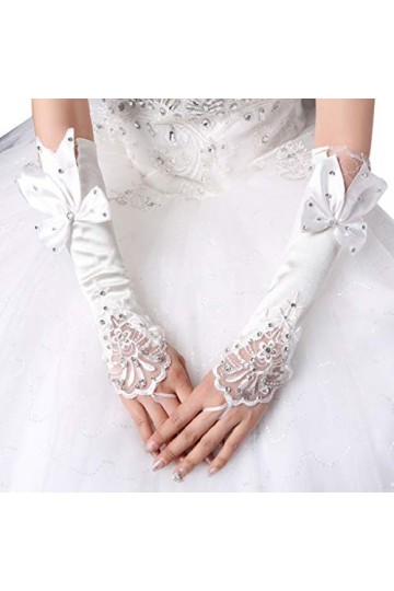 Jackyee Robe de mariée avec nœud papillon, gants en dentelle, gants de mariée longs sans doigts, en dentelle florale, patchwo