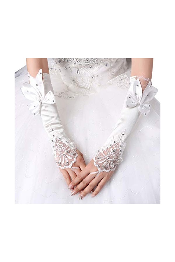 Jackyee Robe de mariée avec nœud papillon, gants en dentelle, gants de mariée longs sans doigts, en dentelle florale, patchwo