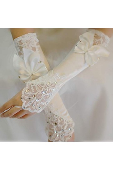 Jackyee Robe de mariée avec nœud papillon, gants en dentelle, gants de mariée longs sans doigts, en dentelle florale, patchwo