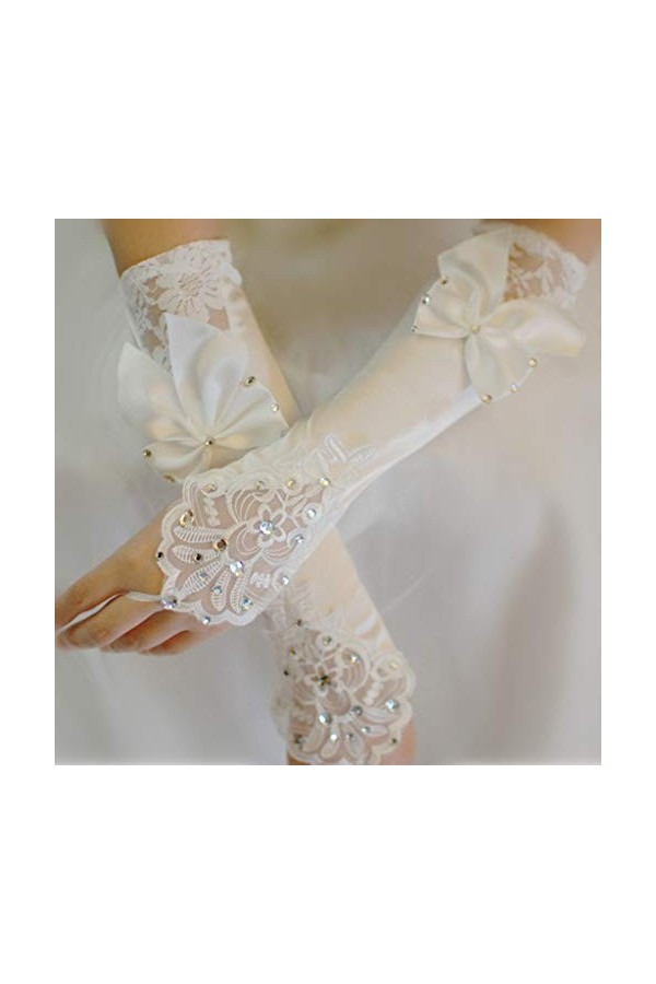 Jackyee Robe de mariée avec nœud papillon, gants en dentelle, gants de mariée longs sans doigts, en dentelle florale, patchwo