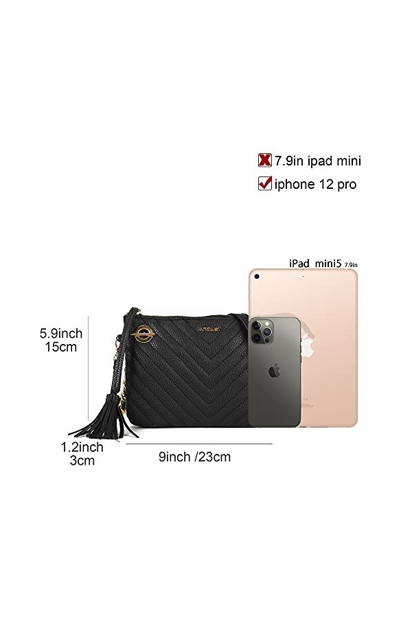 AFKOMST Sacs à bandoulière matelassés pour femme - Plusieurs poches - Sac à main à pompons, Noir , Small