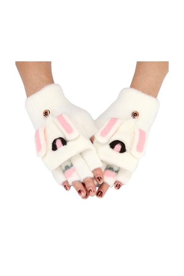 JnY656 Gants dhiver chauds en tricot avec manchette élastique et doublure chaude, blanc, taille unique