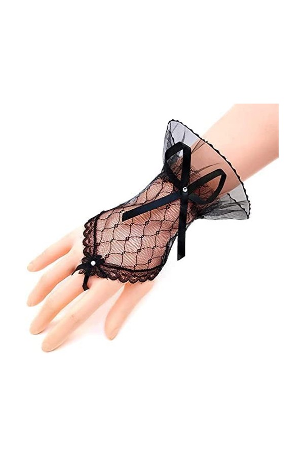 GIVBRO Mitaines courtes de mariée pour femme avec nœud papillon en maille transparente en dentelle pour demoiselle dhonneur 