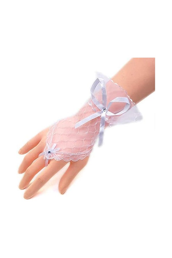 GIVBRO Mitaines courtes de mariée pour femme avec nœud papillon en maille transparente en dentelle pour demoiselle dhonneur 