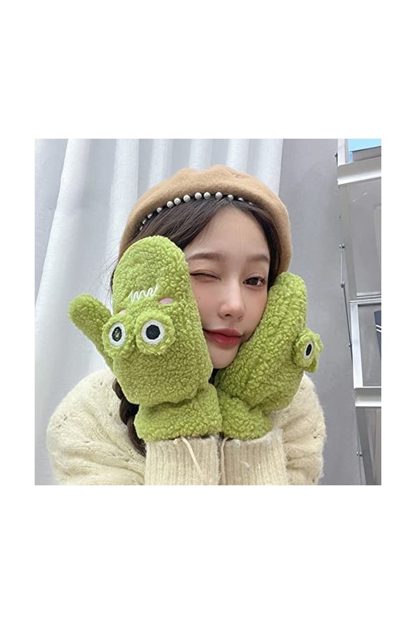 Gants dhiver 3D grenouille pour temps froid - Double couche - Mitaines pour femme - Corde tressée épaisse - Moufles en peluc