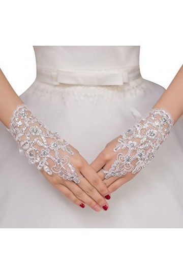Gants De Mariée en Dentelle,iSpchen Gants Mariage Femme Gants Courts pour Femme Gants Opéra avec Strass Gants Sexy Gants De M