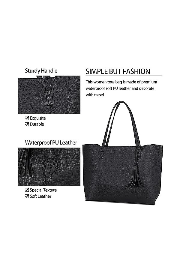 NUBILY Sac a Main Femme Cabas Femme Grande Capacité PU Cuir Sac Fourre Tout Gland Sacs Cours Lycee Tote Bag de Bandoulière Im