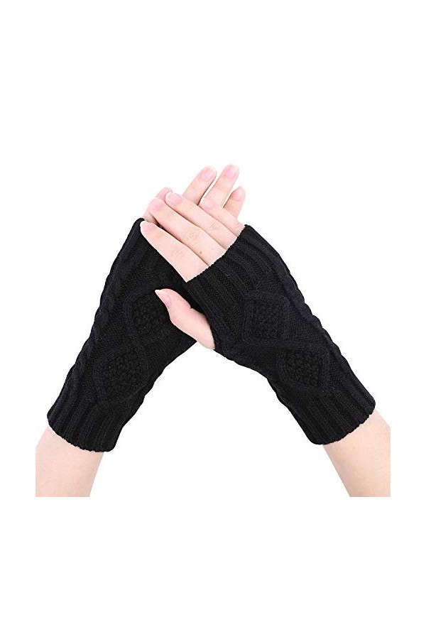 IBLUELOVER Mitaines Femme Fille Gants en Tricot Crochet Longue Bras Gants Souple Chauds Moufles Demi-Doigt Thermique Gloves É