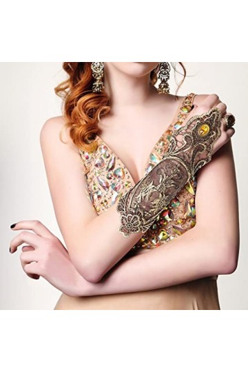 Gants sans Doigts en Dentelle Vintage, Femme Strass Jaune Dentelle Gants Longs, Accessoires de Vêtements Réglable Gants à Lac