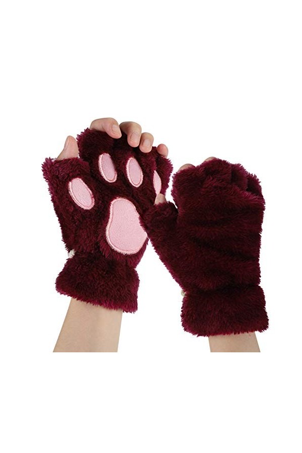 ITODA Mignon Mitaines dhiver Griffe de Chat pour Femme Filles Gants de Demi-Doigts Hiver en Peluche Gants Epais Chaud Confor
