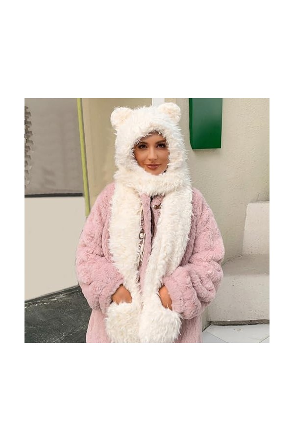 Caxndycing Écharpe dhiver 3 en 1 pour femme avec moufles thermique en fausse fourrure - Coupe-vent - Protection contre le fr