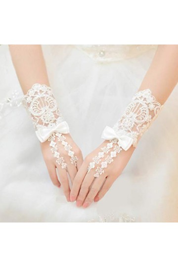 Xuebai Broderie Floral Dentelle Gants De Mariage Courts Satin Bowknot Perlé Moufles De Mariée Gants Beige Blanc