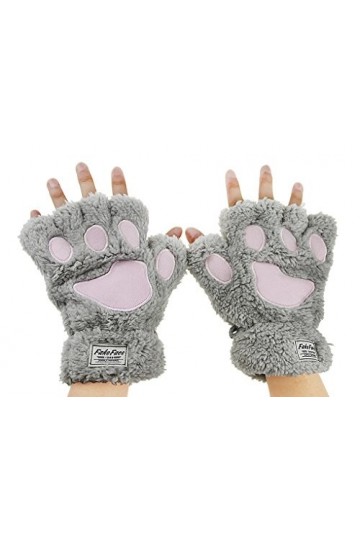 Filles Mitaines dHiver Griffe de Chat Gants Chauds en Peluche Moufles Demi-Doigt Epais Motif Patte dours Gants Thermique Mi