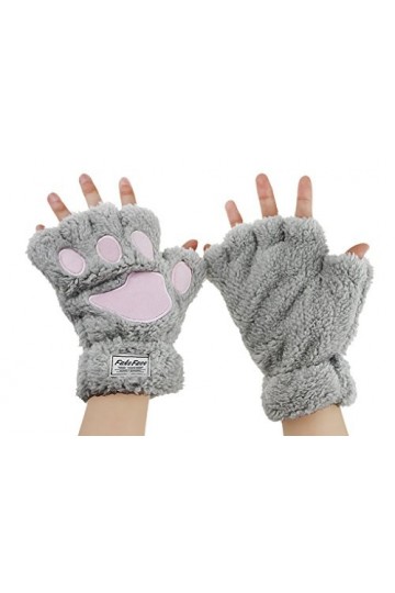 Filles Mitaines dHiver Griffe de Chat Gants Chauds en Peluche Moufles Demi-Doigt Epais Motif Patte dours Gants Thermique Mi