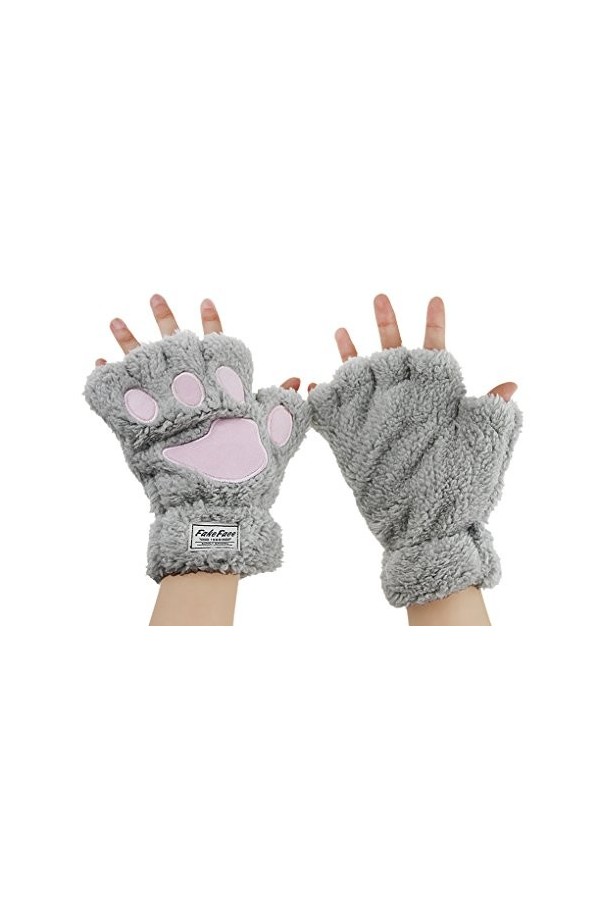 Filles Mitaines dHiver Griffe de Chat Gants Chauds en Peluche Moufles Demi-Doigt Epais Motif Patte dours Gants Thermique Mi