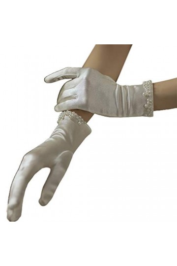 MYhose Protection Solaire Couvre Mariage Gants Courts en Satin De Mariée Perle Perlée Moufles De Bal Beige Blanc