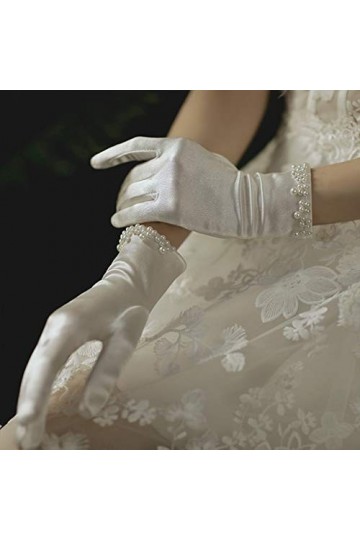 MYhose Protection Solaire Couvre Mariage Gants Courts en Satin De Mariée Perle Perlée Moufles De Bal Beige Blanc