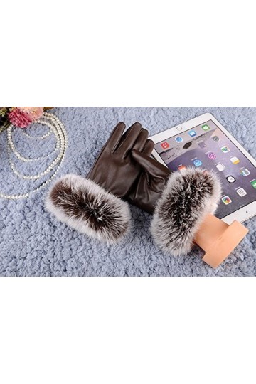 Gants de cyclisme dhiver pour femme - En cuir noir - Pour automne et hiver - Moufles en fourrure de lapin